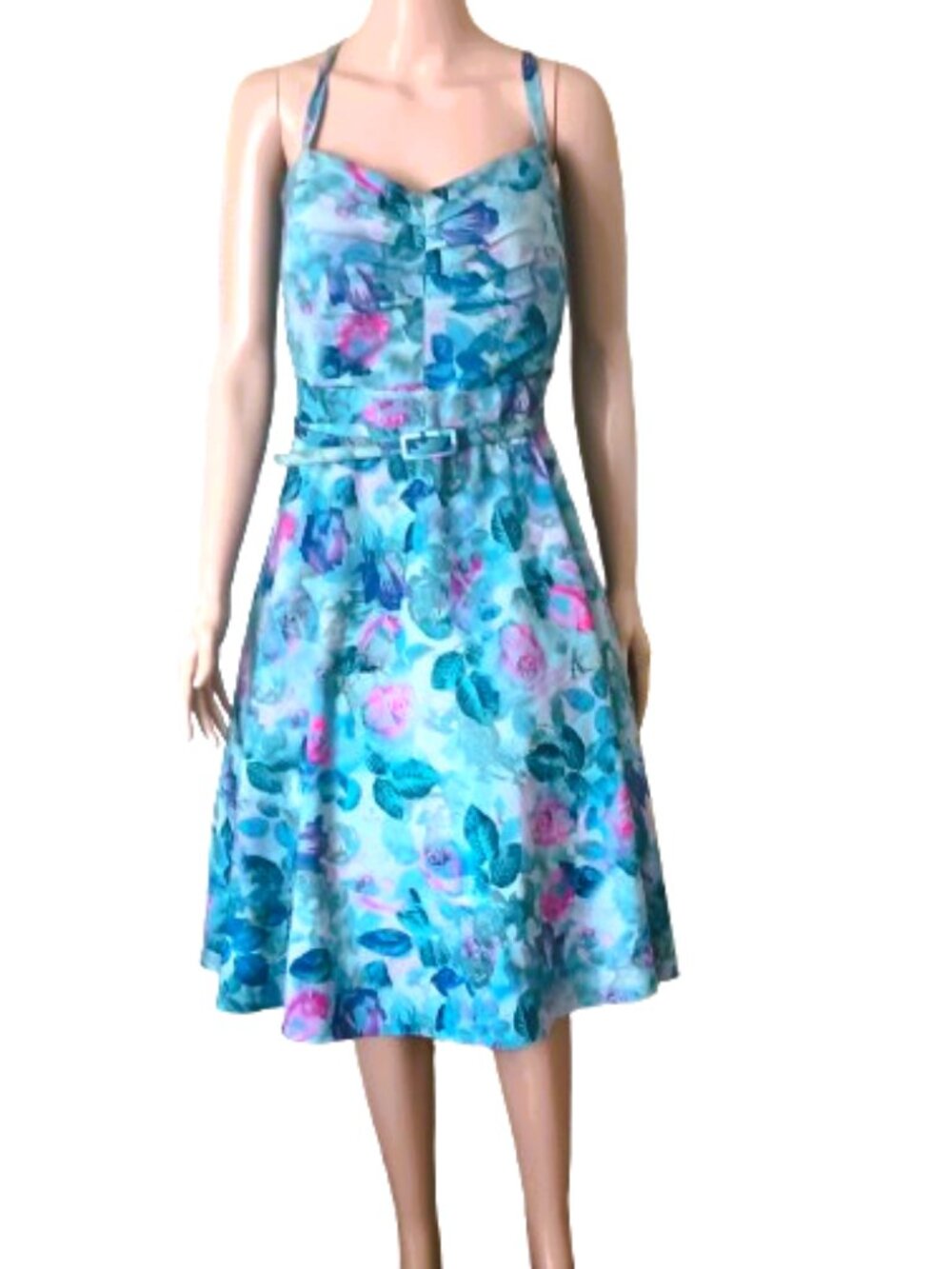 City Chic Blue Floral Sundress M/18 Fit & Flare Sleeveless Ruched Back Lined